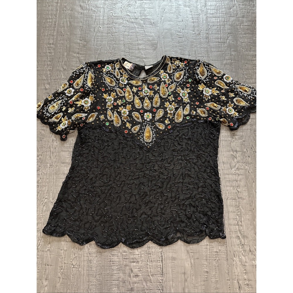 Vintage 1980s Laurence Kazar NY Silk Beaded‎ Multicolor Bodice Shirt Size 1X